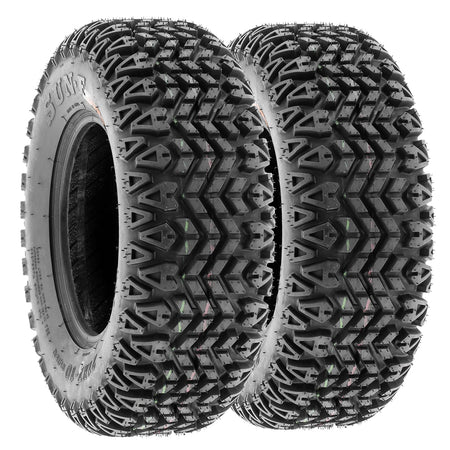 Angled view of a pair / Set of 2 SunF G003 all-terrain golf cart, lawn and garden all terrain tires, featuring a high traction design and 4-ply bias construction, offered in a wide variety of sizes, all with fast and free shipping.