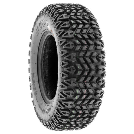 Angled view of a single SunF G003 all-terrain golf cart, lawn and garden all terrain tire, featuring a high traction design and 4-ply bias construction, offered in a wide variety of sizes, all with fast and free shipping.