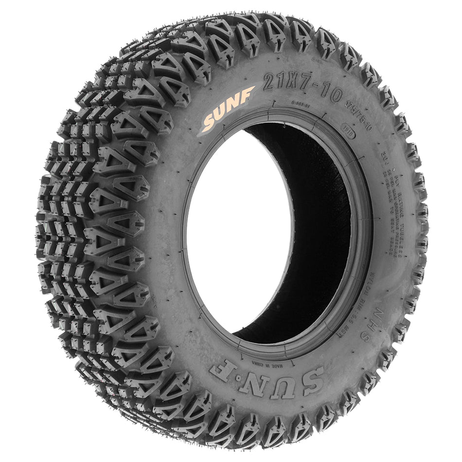 Angled view of the 21x7-10 SunF G003 all-terrain lawn and garden tire, and also works great on golf carts and some ATV applications.
