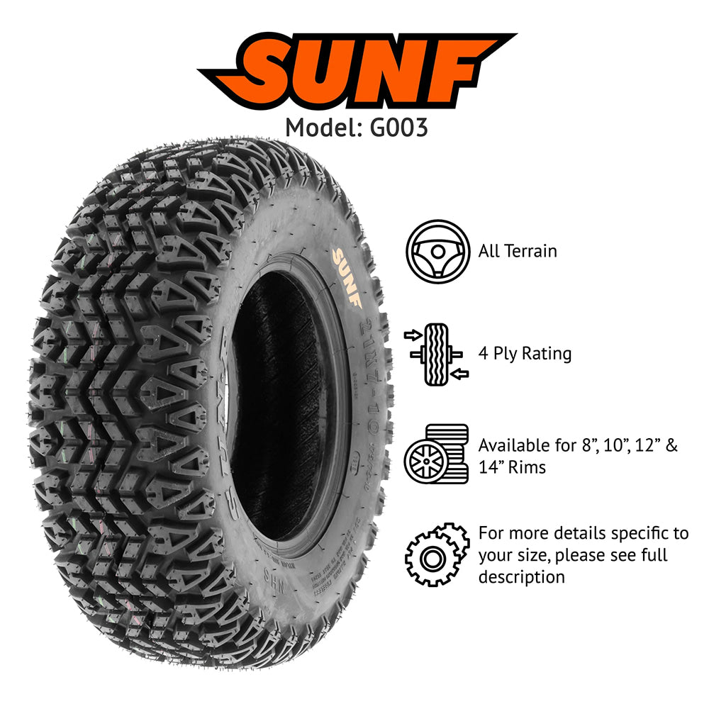Promotional and feature photo of the SunF G003 model ATV and Golf Cart tire lineup, featuring an all-terrain design, 4-ply rating, and available for 8", 10", 12", and 14" rim sizes.