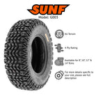 Promotional and feature photo of the SunF G003 model ATV and Golf Cart tire lineup, featuring an all-terrain design, 4-ply rating, and available for 8", 10", 12", and 14" rim sizes.