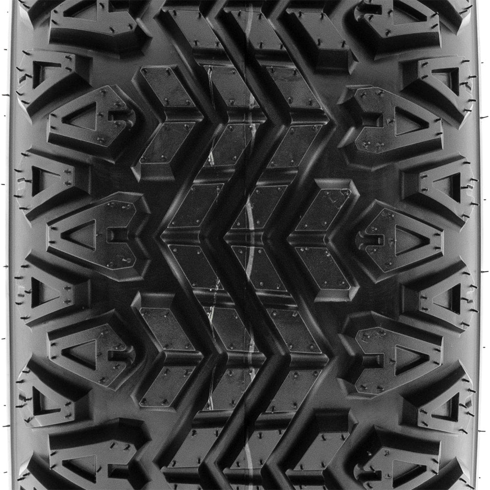 Close up detailed view of the tread pattern and lug design on the SunF G003 golf cart tire, featuring a multi-angled chevron lug design and triangle shoulder tread blocks with pocketed design for added traction.