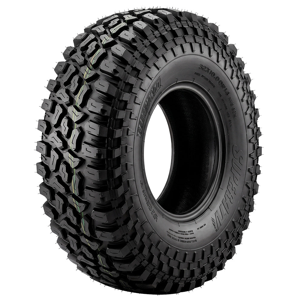 Angled view of the premium quality steel belted radial SuperATV Incursion A/T UTV and SXS tire, available in 14" and 15" rim sizes, designed for elite performance on trail, pavement, and hardpack, offering quiet comfortable ride, and long tread life, offered with free shipping by Ride or Die Tire.