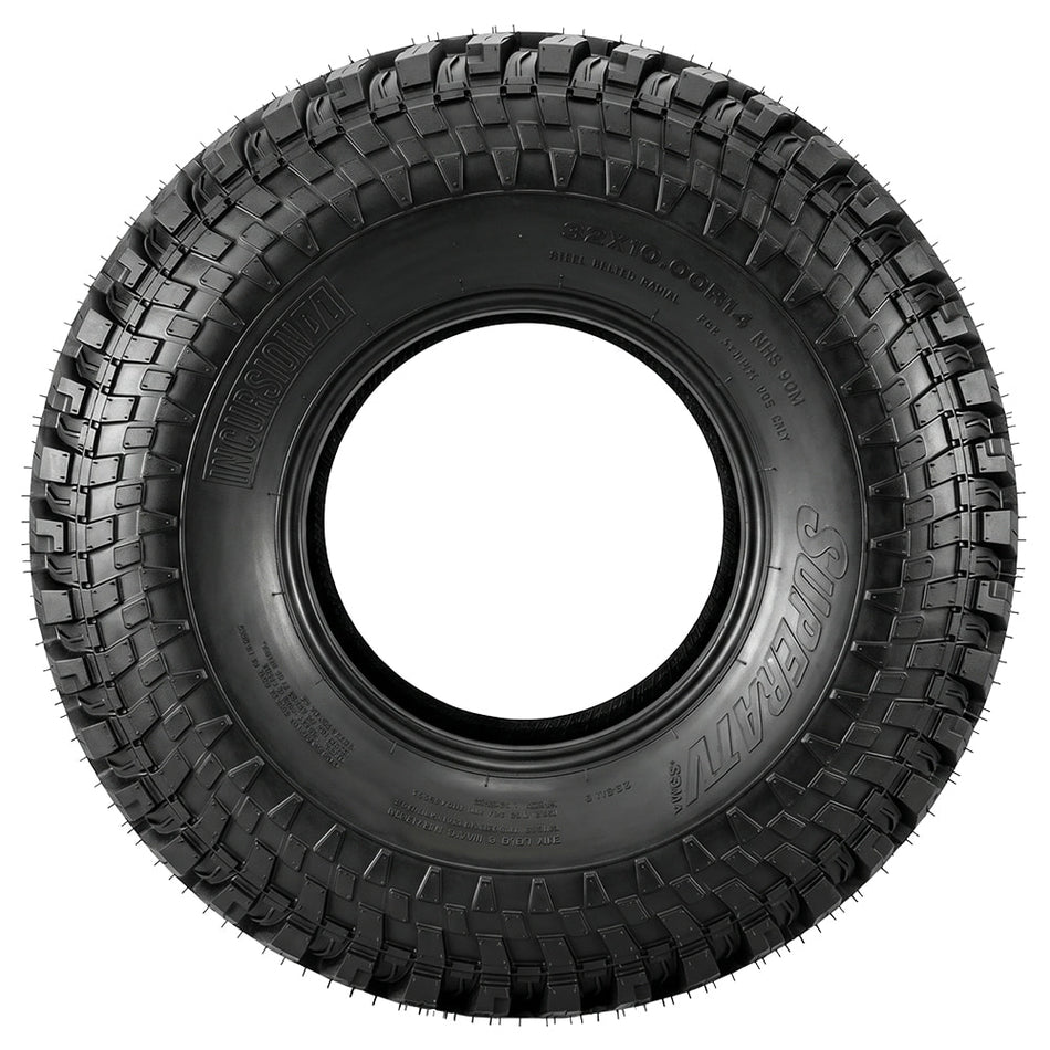 Full sidewall view of the premium quality steel belted radial SuperATV Incursion A/T UTV and SXS 8-Ply tire, available in 14" and 15" diameter wheels, designed for elite performance on pavement and hardpack, offering a quiet comfortable ride, and long tread life, constructed with segmented mold technology.