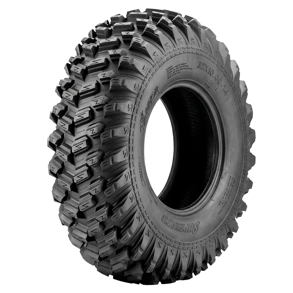 Angled view of the heavy duty high traction aramid reinforced bias-ply SuperATV XT Warrior UTV and SXS tire, available in 14" and 15" rim sizes, designed for elite performance on trail, ruts, mud, and hardpack, double reinforced tread surface, offered with free shipping by Ride or Die Tire.