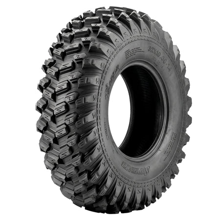 Angled view of the heavy duty high traction aramid reinforced bias-ply SuperATV XT Warrior UTV and SXS tire, available in 14" and 15" rim sizes, designed for elite performance on trail, ruts, mud, and hardpack, double reinforced tread surface, offered with free shipping by Ride or Die Tire.