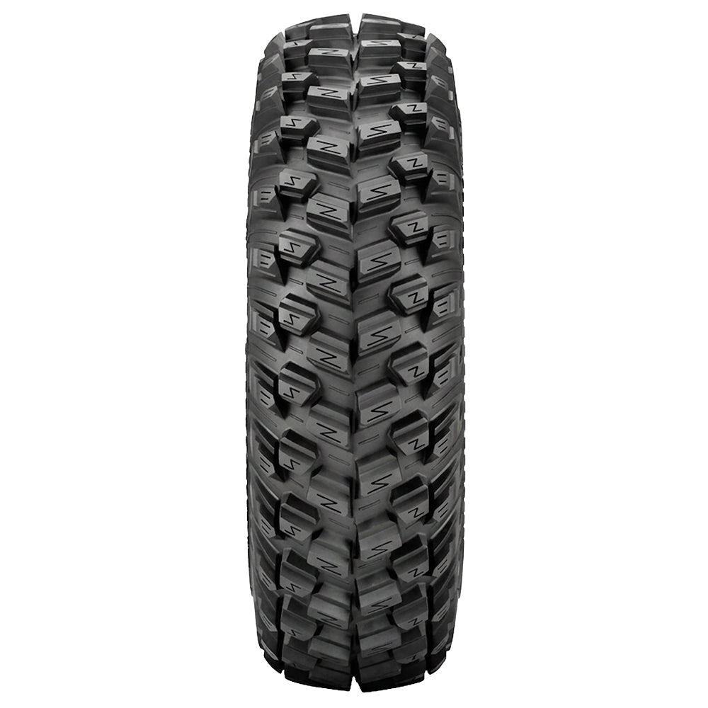 Full tread pattern view of the heavy duty high traction aramid reinforced bias-ply SuperATV XT Warrior UTV and SXS tire, available in 14" and 15" rim sizes, designed for elite performance on trail, ruts, mud, and hardpack, featuring a directional tapered pyramid tread block design and available in sticky or standard compounds.