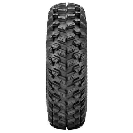 Full tread pattern view of the heavy duty high traction aramid reinforced bias-ply SuperATV XT Warrior UTV and SXS tire, available in 14" and 15" rim sizes, designed for elite performance on trail, ruts, mud, and hardpack, featuring a directional tapered pyramid tread block design and available in sticky or standard compounds.