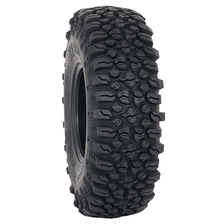 Angled view of the System 3 XF650 extreme duty 10-ply radial all terrain UTV and SXS tire, featuring a new xtreme flex carcass design, integrated siping, tight center tread blocks, and straight shoulder lugs, all sizes offered with free shipping.