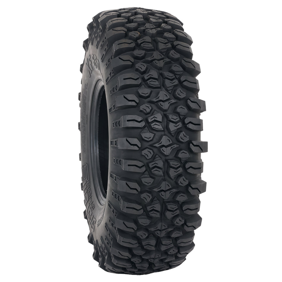 Angled view of the System 3 XF650 extreme duty 10-ply radial all terrain UTV and SXS tire, featuring a new xtreme flex carcass design, integrated siping, tight center tread blocks, and straight shoulder lugs, all sizes offered with free shipping.