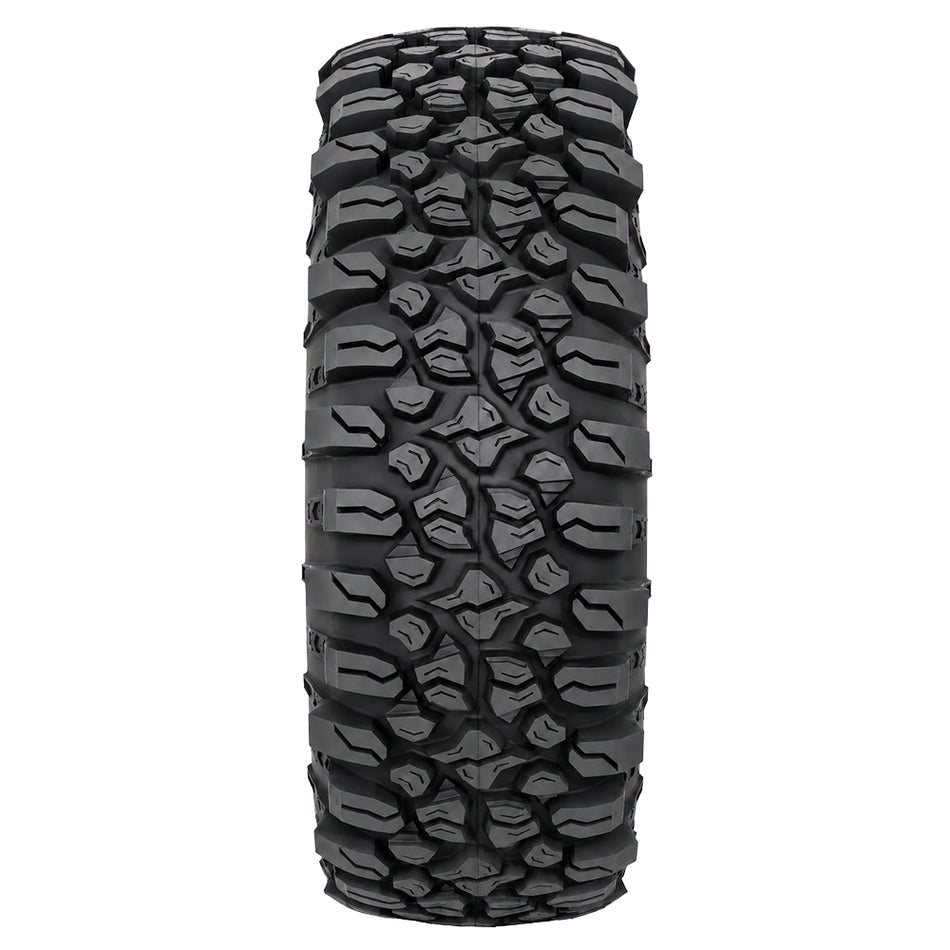 Full tread pattern view of the System 3 XF650 extreme duty 10-ply radial all terrain UTV and SXS tire, featuring stepped tread block bases, strategic siping, and moderately aggressive tread, offered for sale by authorized System 3 dealer Ride or Die Tire.