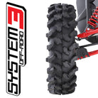 Promotional photo displaying the tread pattern and lug design found on the System 3 XTR370 Side-by-side tire, showcasing the deep 3/4" to 1-1/4" shoulder lugs with staggered construction and high void ratio for great trail and mud traction with good cleanout capabilities.