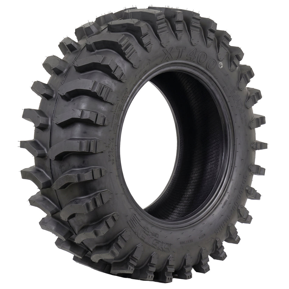 Angled view of the popular System 3® XT400 extreme-terrain 10-ply radial UTV and SXS tire, available for 14", 15", 18", 20", and 24" rims, all offered with fast and free shipping. 