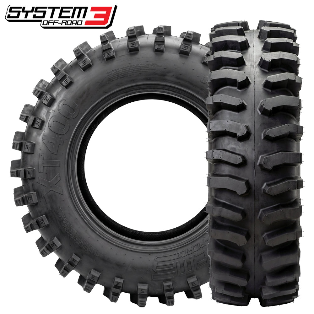 Main product listing photo of the System 3 XT400 extreme-terrain 10-ply nylon radial ATV and UTV tires, designed with high traction open-lug pattern for rocks, trails, and mud, offered in many popular UTV and SXS tire sizes, for sale by authorized System 3 dealer Ride or Die Tire.