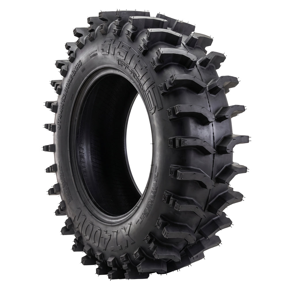 Angled view of the all new 12" wide tread pattern System 3® XT400W wide profile deep lug extreme-terrain 10-ply radial UTV and SXS tire, available for 15", 20", and 24" rims, all offered with fast and free shipping. 