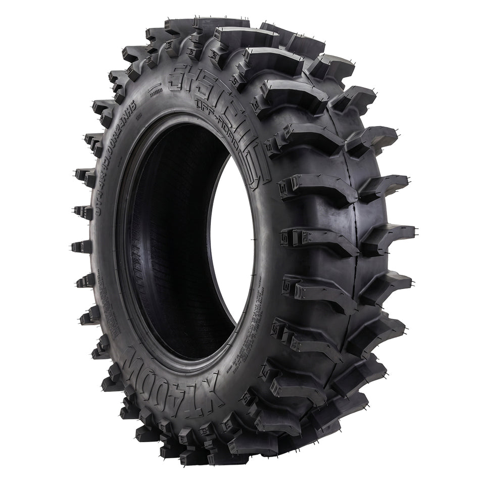 Angled view of the all new 12" wide tread pattern System 3® XT400W wide profile deep lug extreme-terrain 10-ply radial UTV and SXS tire, available for 15", 20", and 24" rims, all offered with fast and free shipping. 