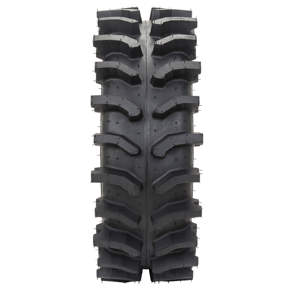 Full tread pattern view of the System3 XT400W mud and all-terrain UTV and SXS tire, showcasing the open and aggressive tread pattern and center channel, great for mud, loose terrain, and general trail riding, featuring a full 12" wide tread pattern width.
