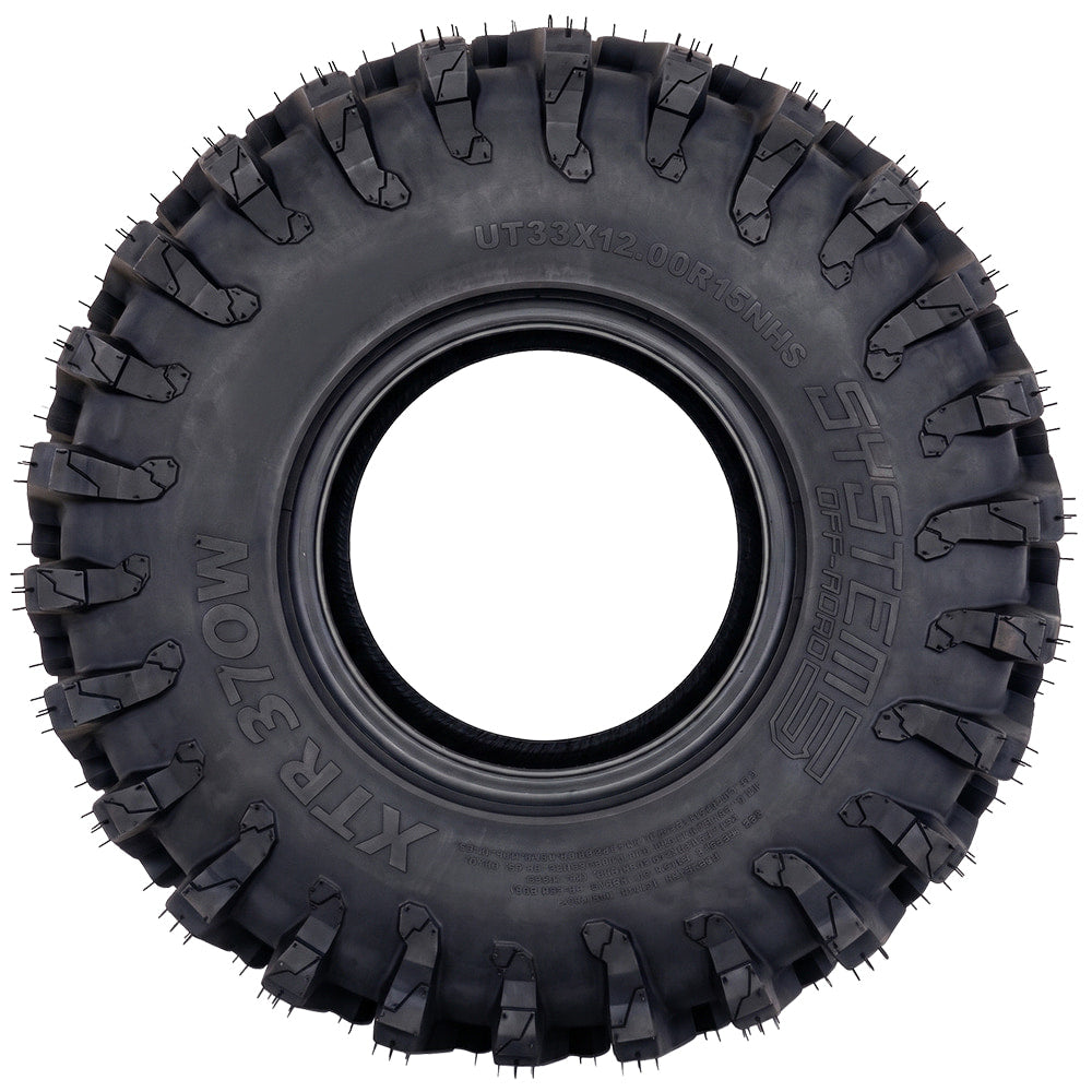 Full sidewall view of the all new System3 XTR370W wide profile all terrain UTV and SXS tire, made in all popular 15" rim sizes, and offered in standard and sticky compound.