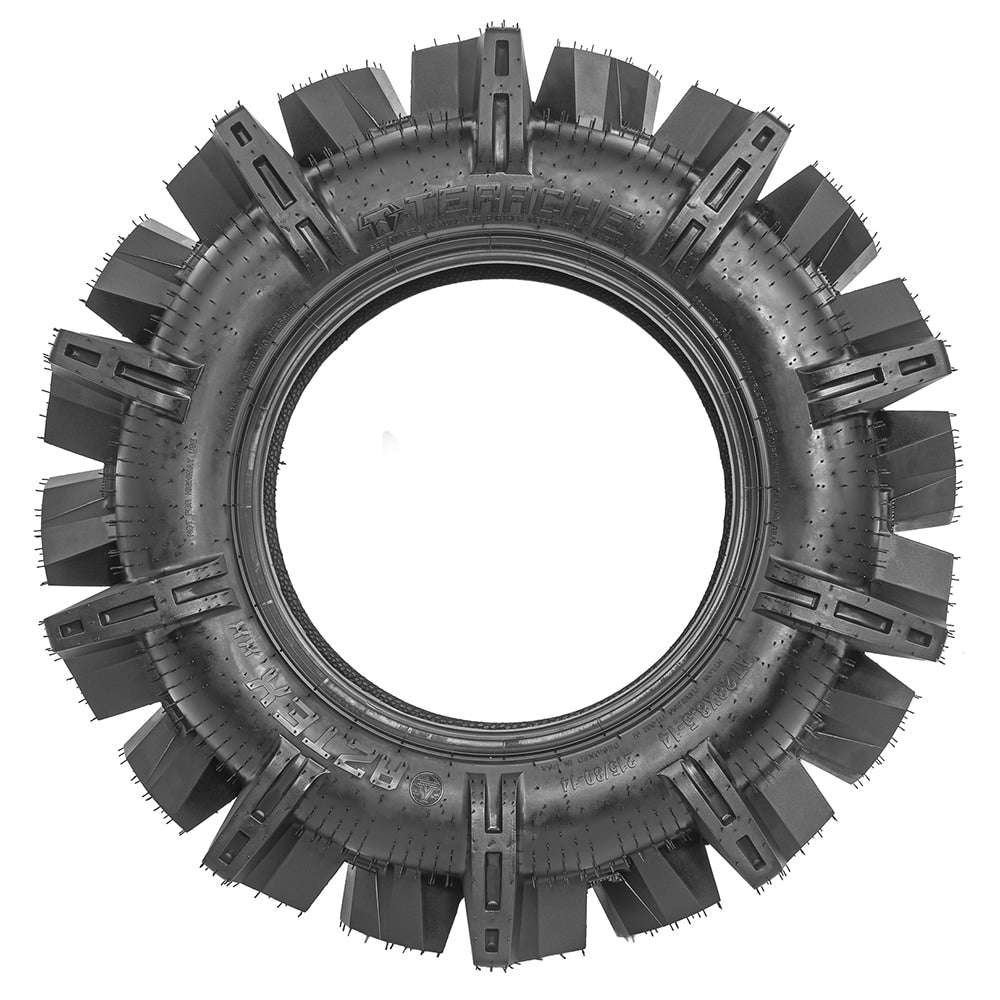 Full sidewall view of the 28x8.5-14 (215/80-14) mud and swamp tire, the Aztex XX 8-ply Bias Deep Lug utv tire, featuring a unique detailed sidewall logo and built-in rim guard, with large paddle-style shoulder lugs to propel equipment through the deepest and muddiest bogs and swamp.