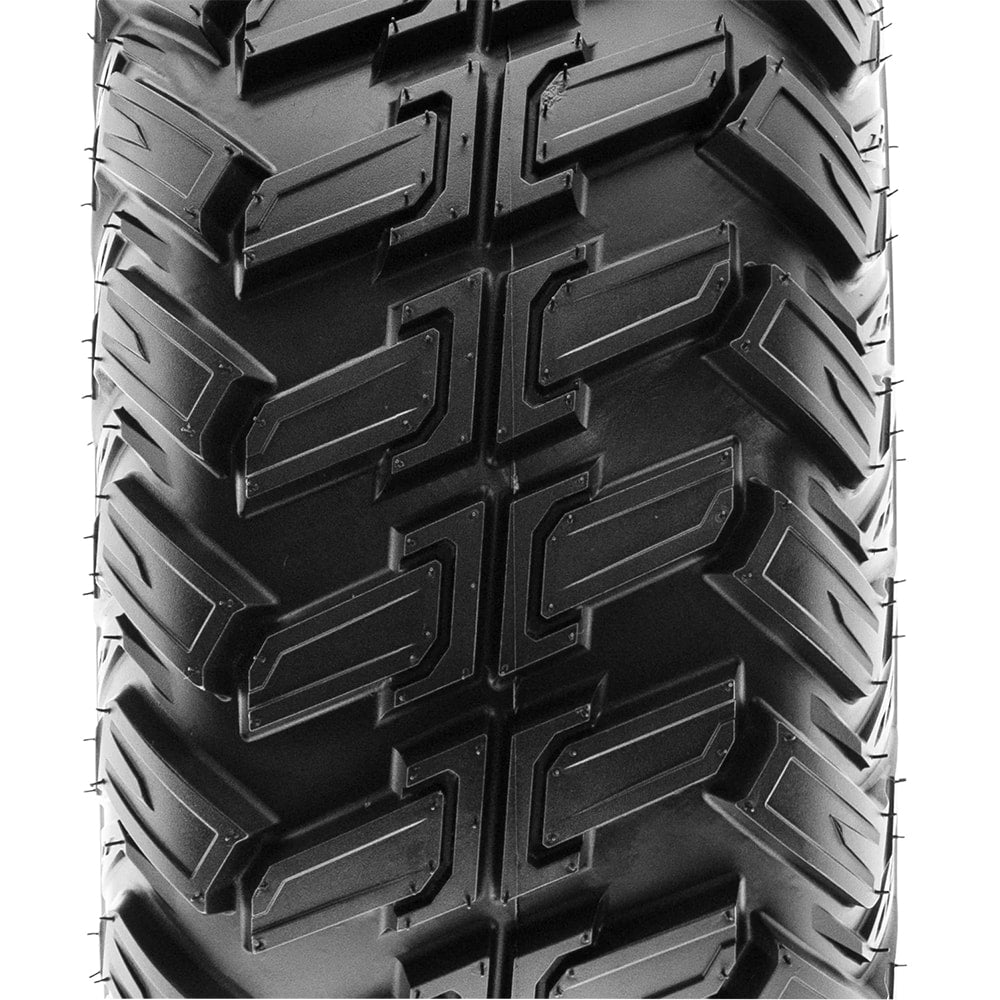 Close up detailed straight on view of the paddle-style center tread design and angled shoulder lugs found on the high performance Terache Stryker line of UTV and SXS tires.