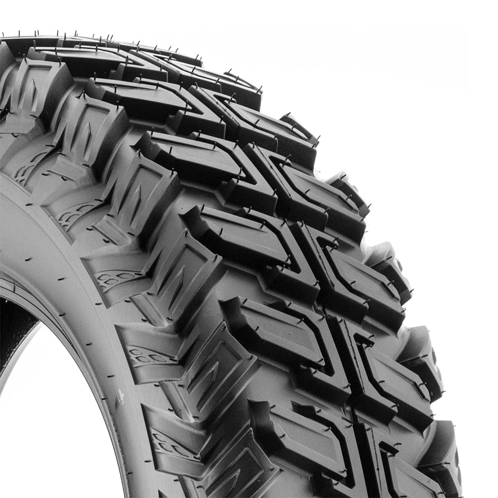 Close up detailed view of the shoulder lug design and tread pattern found on the Terache Stryker 8-ply bias hard surface and desert racing tire, offered in all the popular UTV and SXS sizes, manufactured with clamshell mold construction.