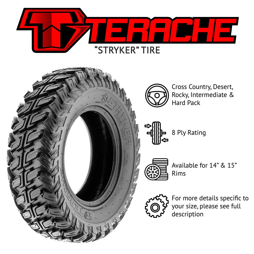 Feature and Available Sizes photo of the Terache Stryker line of off-road UTV tires, designed for cross country, desert, rocky, intermediate, and hard pack riding.