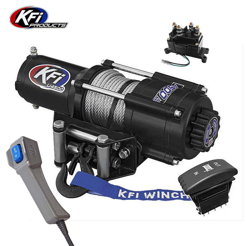 4,500 pound rating KFI U45-R2 standard model UTV, ATV, and SXS winch with 38' steel cable, handheld corded remote, heavy duty solenoid, dash mounted rocker switch, featuring free shipping.