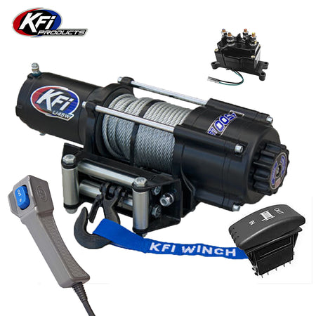 4,500 pound rating KFI U45W-R2 wide mount model UTV, ATV, and SXS winch with 52' steel cable, handheld corded remote, heavy duty solenoid, dash mounted rocker switch, featuring free shipping.