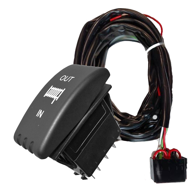 Dash mounted lighted rocker switch designed for controlling KFI UTV and SXS winches cable in and cable out capability, including switch wiring harness, Item #UTV-DRS-K.