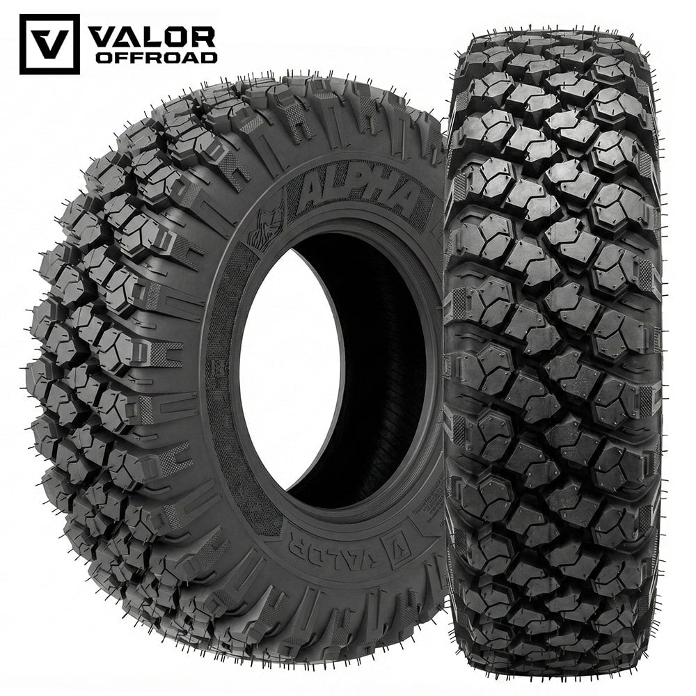 Main product listing photo of the all new Made in the USA Valor Alpha 8-ply Nylon Radial UTV and SXS all-terrain tire, designed with premium heavy duty construction, high traction all-purpose tread block design, and offered in 14" and 15" rim sizes, for sale by Ride or Die Tire.