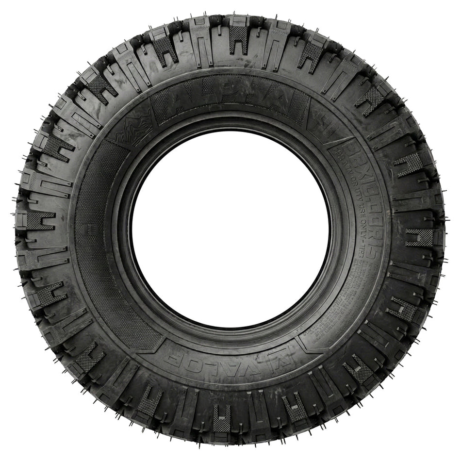 Full sidewall view of the 32x10R15 Valor Alpha all-terrain 8-ply radial SXS tire, designed for toughness and versatility, made with reinforced sidewalls and tread face, and engineered and manufactured in the USA.