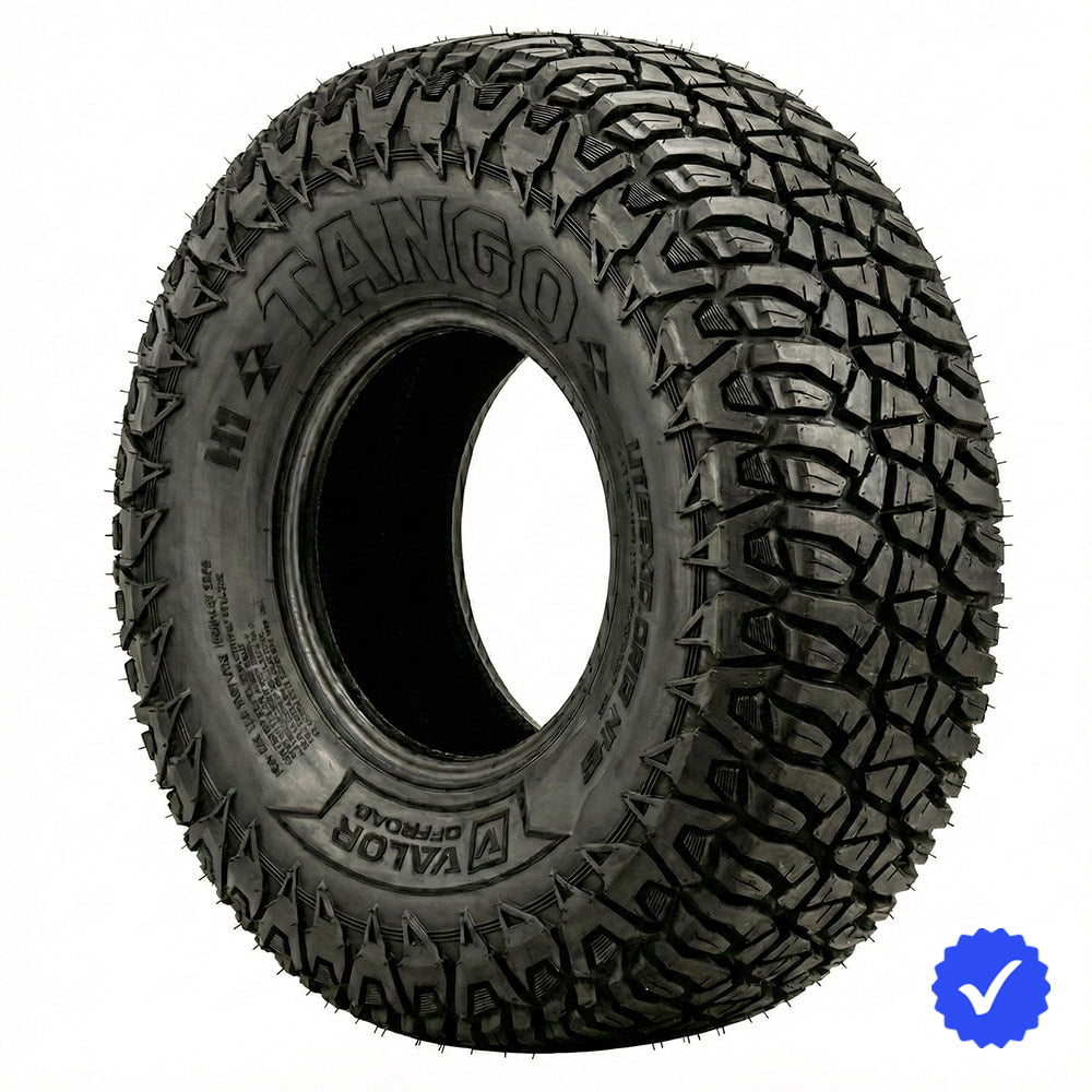 Angled view of the Valor Off Road Tango lineup of premium automotive grade quality UTV and SXS tires offered in 32x9.5r15, 33x9.5r15, and 35x10r15 sizes, featuring high traction all terrain tread pattern, reinforced sidewalls and casing, and extended tread life, better ride, quieter ride, and offered with fast and free shipping.