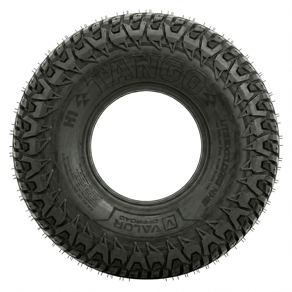 Full sidewall view of the Valor Tango steel belted radial UTV tire in 35x10R15 size, built with tough 8-ply construction, reinforced sidewalls, and currently offered in the H1 standard tread compound.