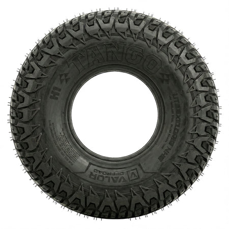 Full sidewall view of the Valor Tango steel belted radial UTV tire in 35x10R15 size, built with tough 8-ply construction, reinforced sidewalls, and currently offered in the H1 standard tread compound.