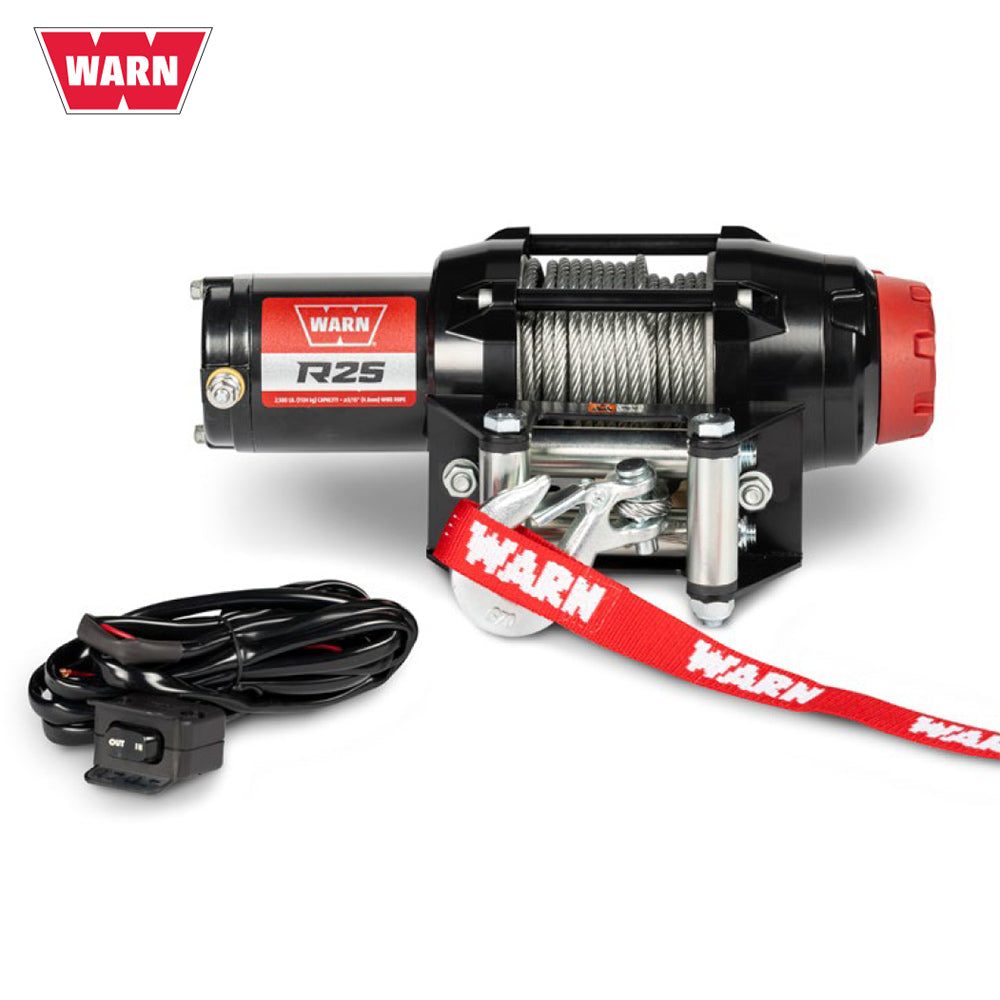 Main product photo of the all new Warn R25 UTV winch with 2,500 lb capacity and 50' steel cable with roller fairlead and 5-year warranty, offered with free shipping by Ride or Die Tire, Part #110025.