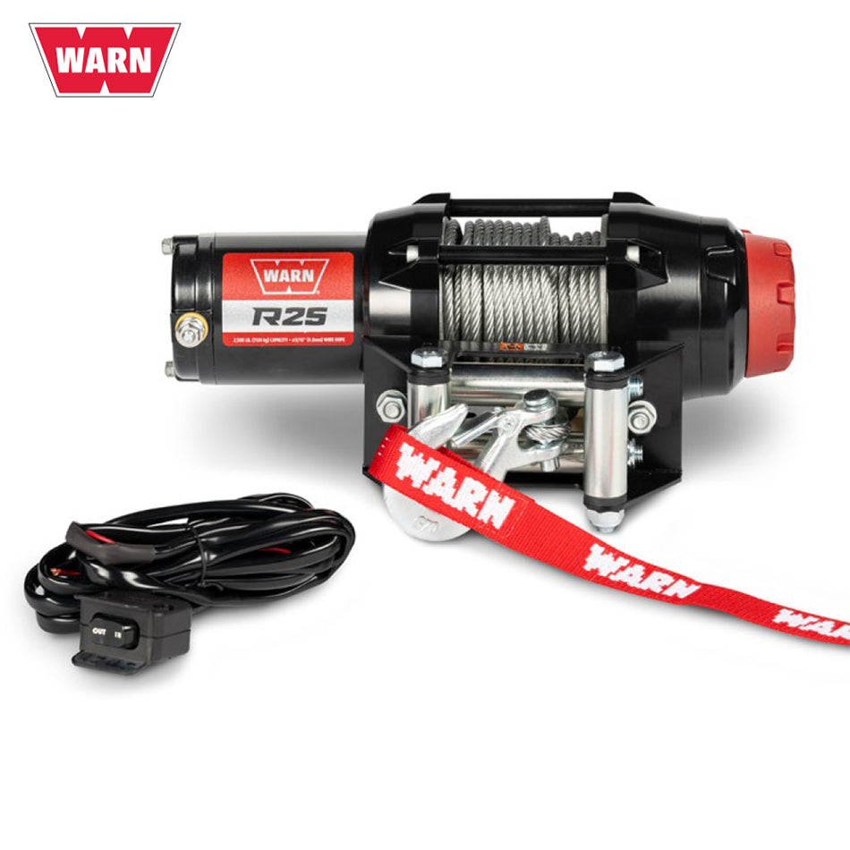 Main product photo of the all new Warn R25 UTV winch with 2,500 lb capacity and 50' steel cable with roller fairlead and 5-year warranty, offered with free shipping by Ride or Die Tire, Part #110025.