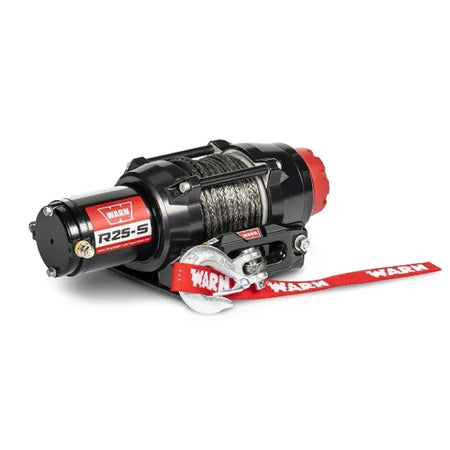 Angled view of the Warn R25-S powerful UTV, ATV, and SXS winch, featuring 50' synthetic cable and dash mounted winch rocker switch control, sold with fast and free shipping.