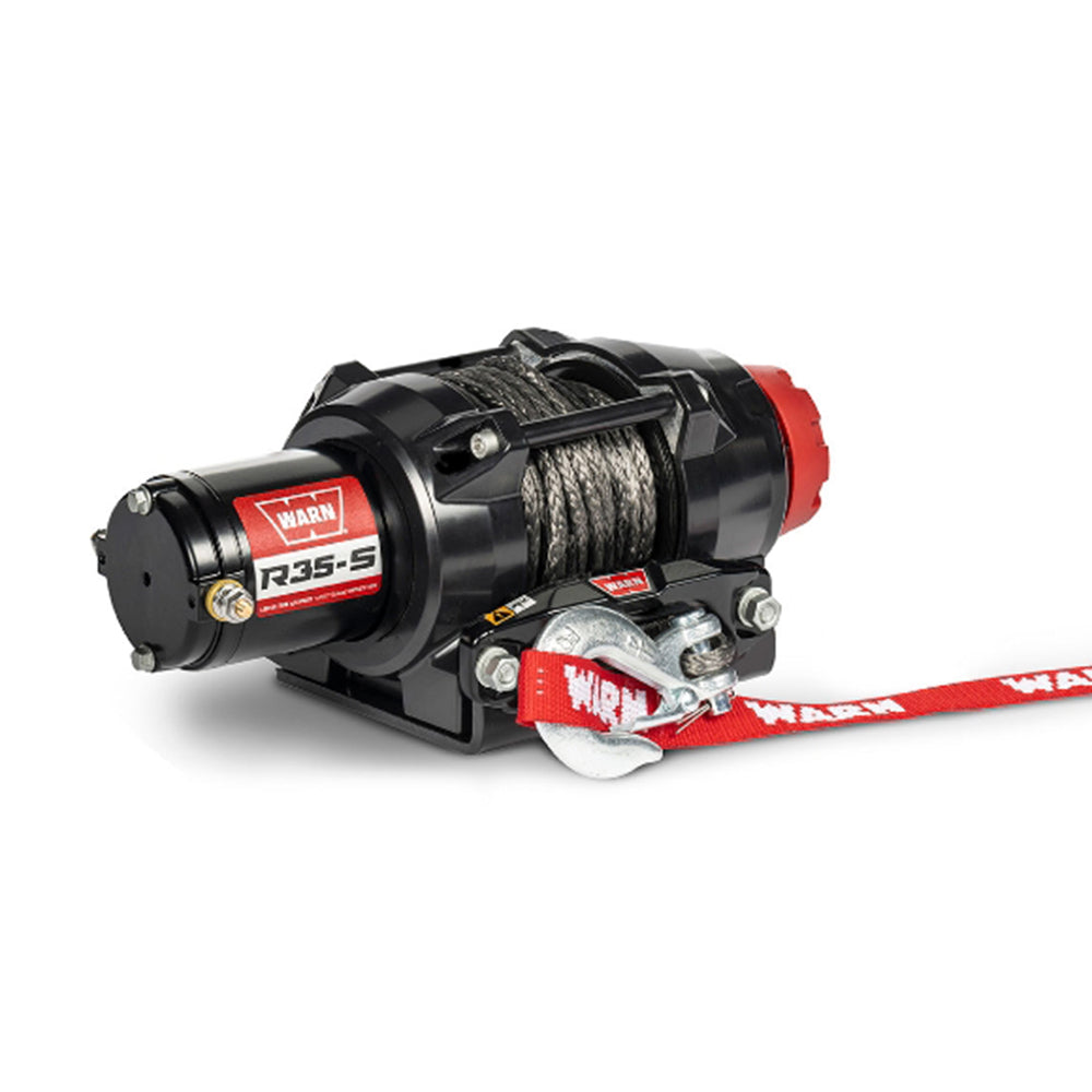 Angled view of the powerful Warn R35-S UTV, ATV, and SXS winch, featuring 50' synthetic cable and dash mounted winch rocker switch control, sold with fast and free shipping, part #110030.
