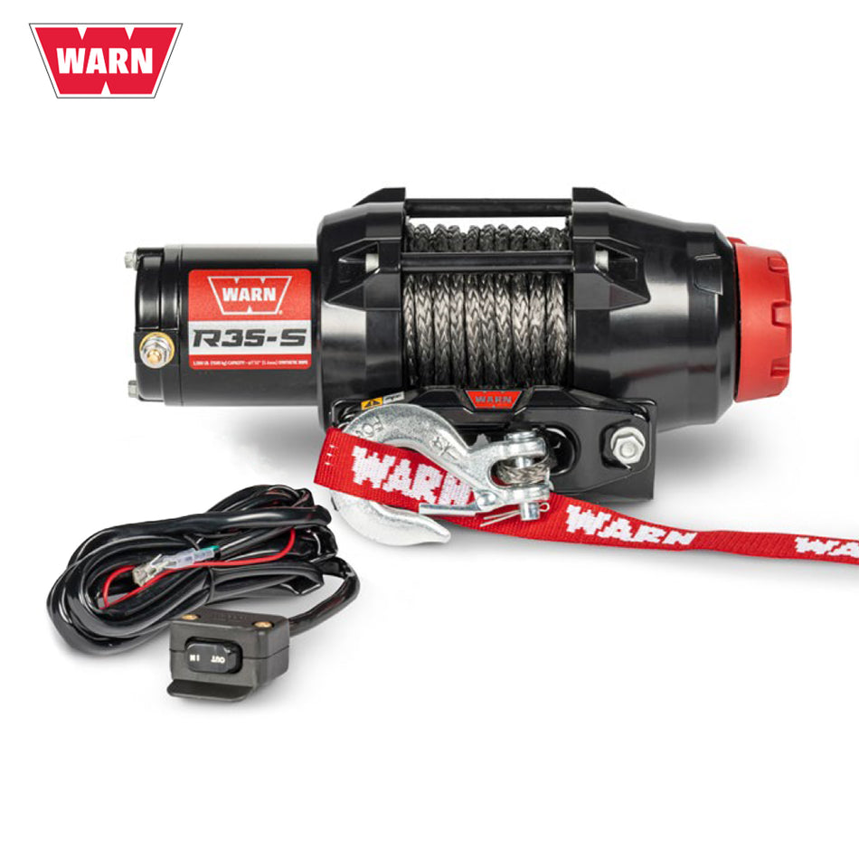Main product photo of the all new Warn R35-S UTV winch with 3,500 lb capacity and 50' synthetic cable with Hawse fairlead and 5-year warranty, offered with free shipping by Ride or Die Tire, Part #110030.