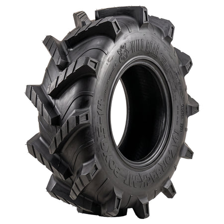 High quality angled view of the extreme mud terrain Wild Boar Razorback M/T UTV, ATV, and SXS tire, featuring 2" deep lug depth and weight saving construction, available for 14" and 20" rims, offered with fast and free shipping.