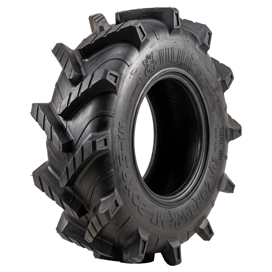 High quality angled view of the extreme mud terrain Wild Boar Razorback M/T UTV, ATV, and SXS tire, featuring 2" deep lug depth and weight saving construction, available for 14" and 20" rims, offered with fast and free shipping.