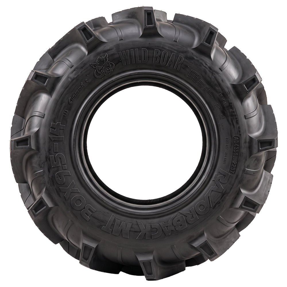 High quality full sidewall view of the extreme mud terrain Wild Boar Razorback M/T UTV, ATV, and SXS swamp 6-ply bias construction tire, featuring 2" deep lug depth and weight saving construction, available in 28x9.5-14, 30x9.5-14, and 33x9.5-20 sizes.