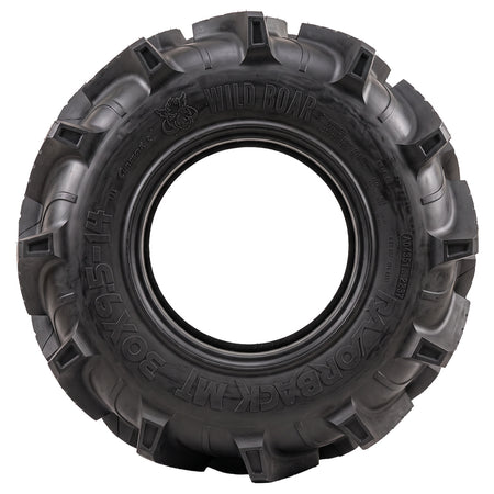 High quality full sidewall view of the extreme mud terrain Wild Boar Razorback M/T UTV, ATV, and SXS swamp 6-ply bias construction tire, featuring 2" deep lug depth and weight saving construction, available in 28x9.5-14, 30x9.5-14, and 33x9.5-20 sizes.