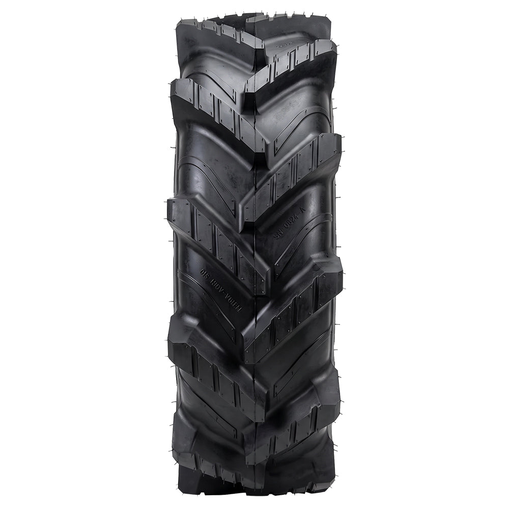 Full tread pattern and lug design view of the extreme mud terrain Wild Boar Razorback M/T UTV, ATV, and SXS swamp tire, featuring 2" deep lug depth and weight saving construction, available for 14" and 20" rims, offered for sale by authorized dealer Ride or Die Tire.