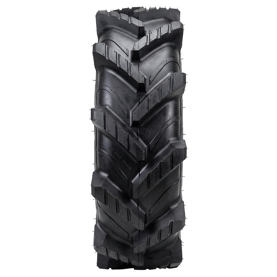 Full tread pattern and lug design view of the extreme mud terrain Wild Boar Razorback M/T UTV, ATV, and SXS swamp tire, featuring 2" deep lug depth and weight saving construction, available for 14" and 20" rims, offered for sale by authorized dealer Ride or Die Tire.