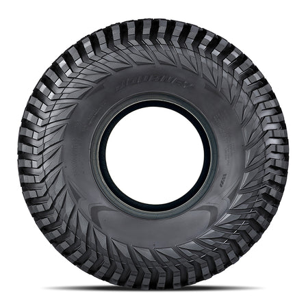 Sidewall view of the WWL31 Rock Poison rock crawling high performance UTV and SXS tire by Journey, showcasing the rugged wrap-around staggered shoulder lug design and attractive sidewall.
