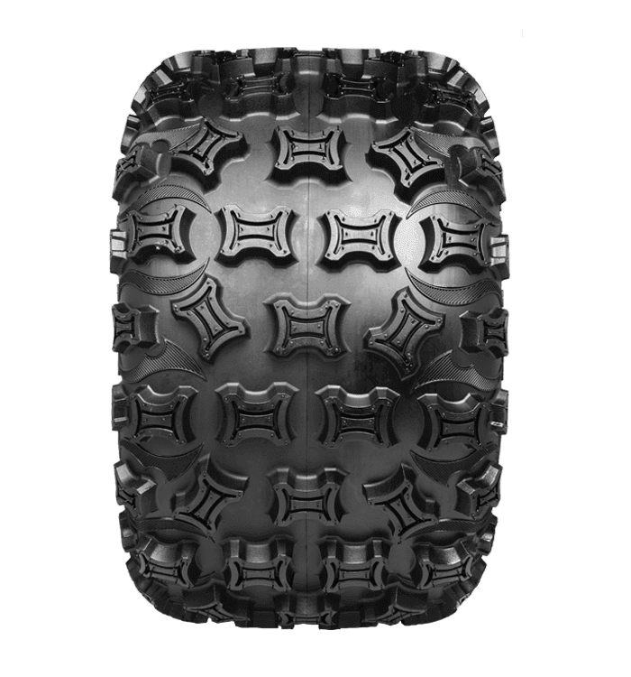 Tread feature on rear XC Plus ATV tire assembly.