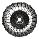 Side profile view of the Michelin X Tweel airless wheel and tire design for UTV and SXS applications, featuring high strength ribbing and multiple available bolt patterns to fit most UTV models, 26 inch tall overall height and all-terrain tread pattern.